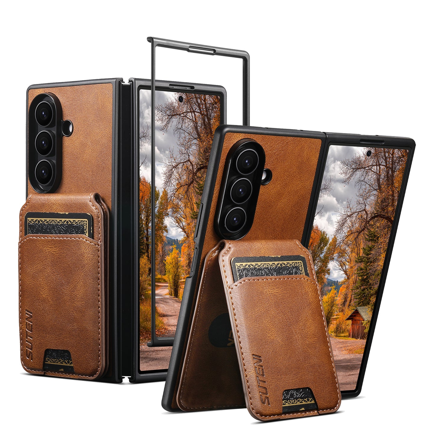 SUTENI Luxury Faux Leather Wallet Case & Stand for Samsung Z Fold 5-7