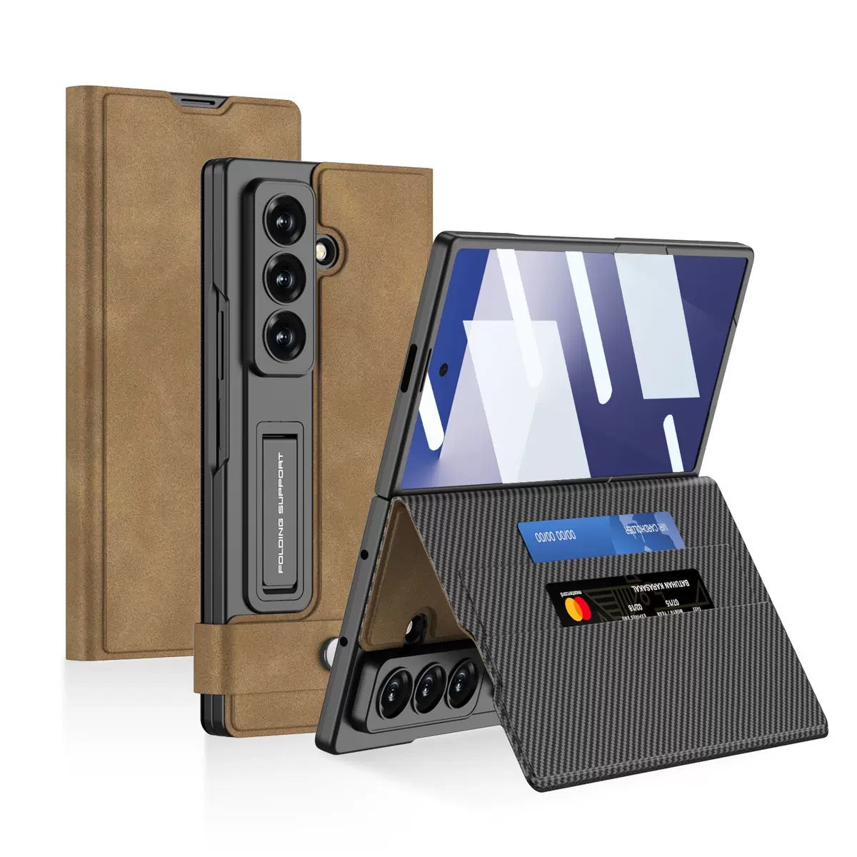 PU Leather Card Holder Case with HD Screen Protector & Foldable Stand for Samsung Z Fold 6–7