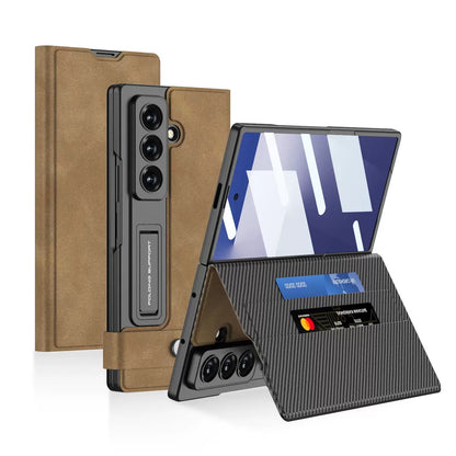 PU Leather Card Holder Case with HD Screen Protector & Foldable Stand for Samsung Z Fold 6–7