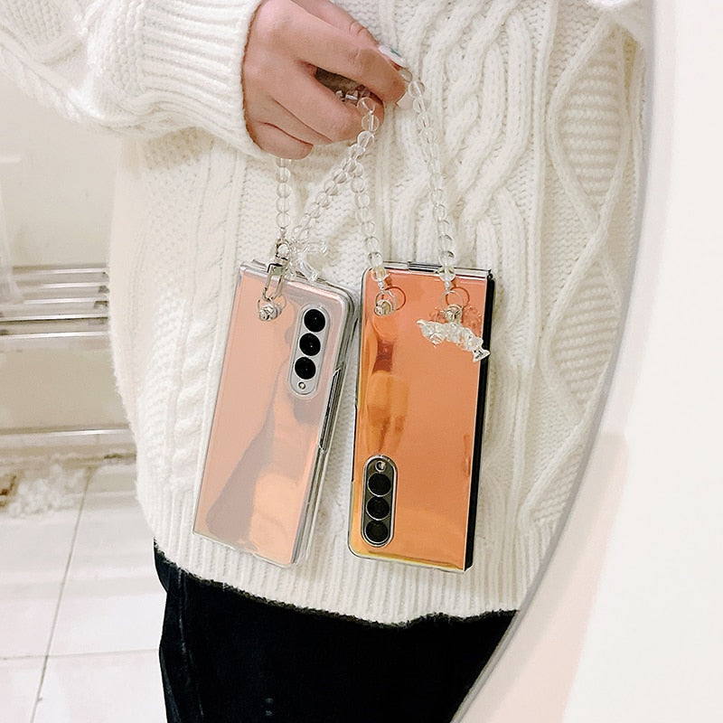 Portable Bead Chain With Cute 3D Crystal Bear Pendant Phone Case For Samsung Galaxy Z Fold 4