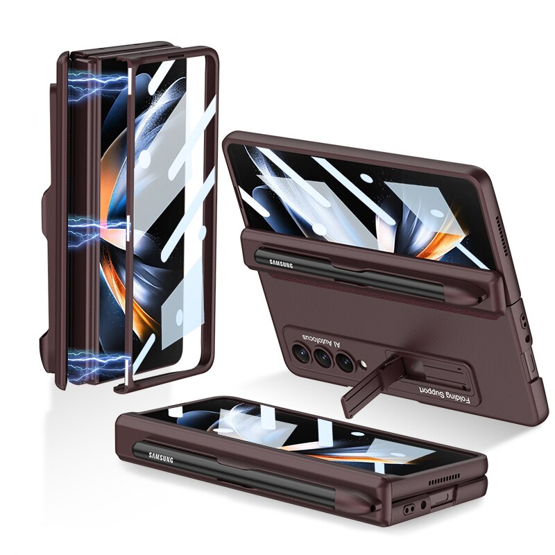 Pen Slot Case for Samsung Galaxy Z Fold 4 with Kickstand and Screen Protective Glass