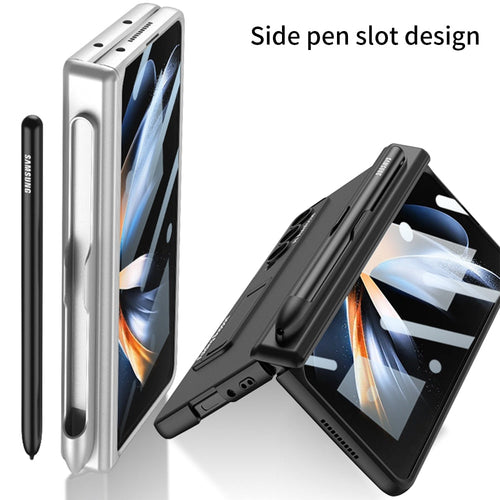 Pen Slot Case for Samsung Galaxy Z Fold 4 with Kickstand and Screen Protective Glass