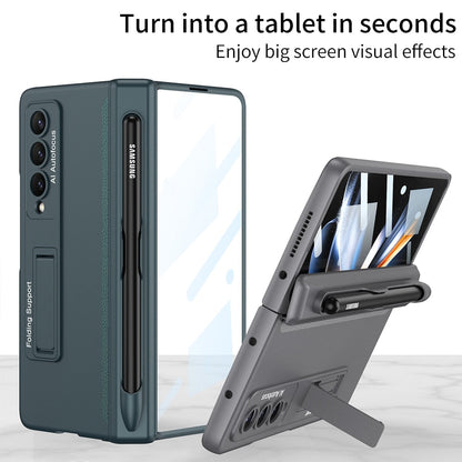 Pen Slot Case for Samsung Galaxy Z Fold 4 with Kickstand and Screen Protective Glass